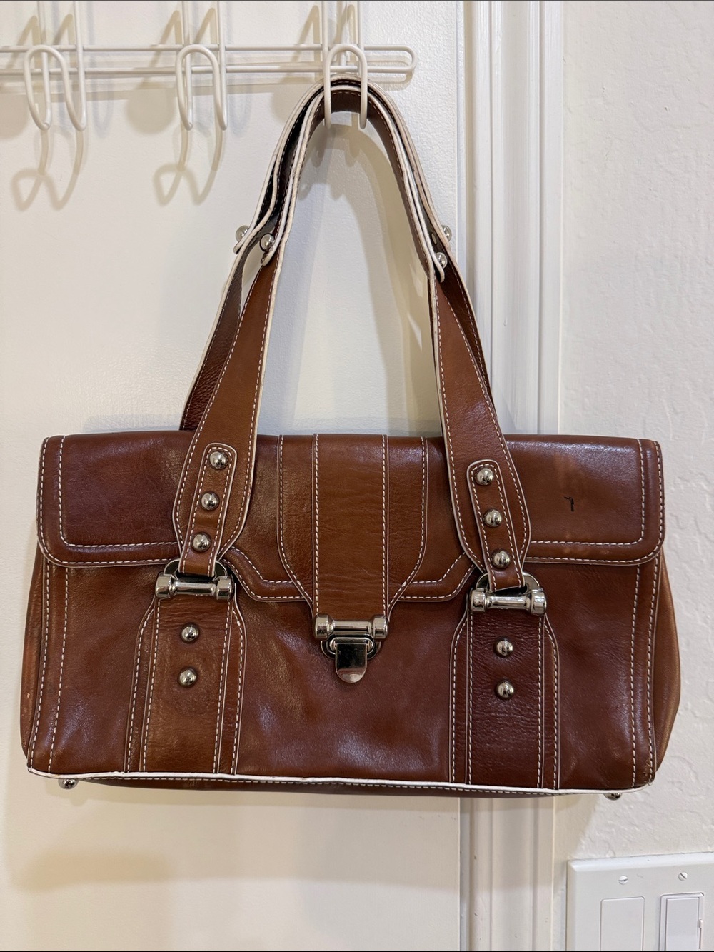 Women's Brown Leather Shoulder Bag with Silver Hardware